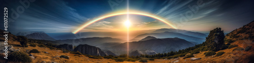 Captivating halo phenomenon, a breathtaking optical illusion surrounding the sun in a majestic mountain landscape - evoke wonder and awe with its rarity. Generative AI