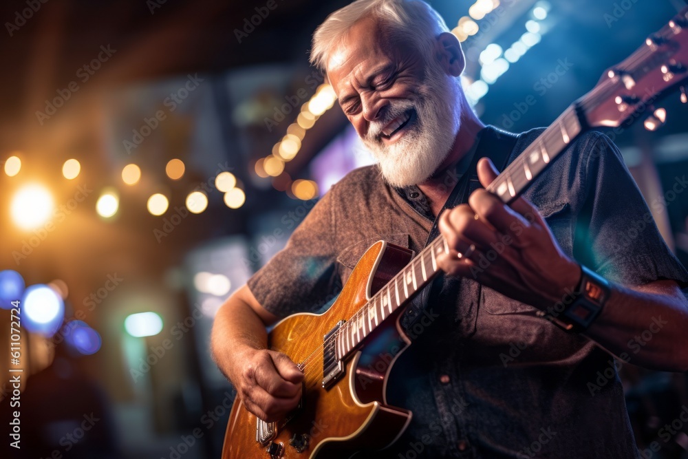 Obraz premium Close-up portrait photography of a grinning mature man playing the guitar against a lively night club background. With generative AI technology