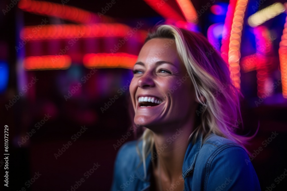 Headshot portrait photography of a grinning mature girl laughing against a lively night club background. With generative AI technology