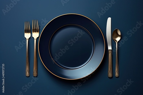 Fototapeta Elegant blue plate with knife and fork on blue background - created using genera