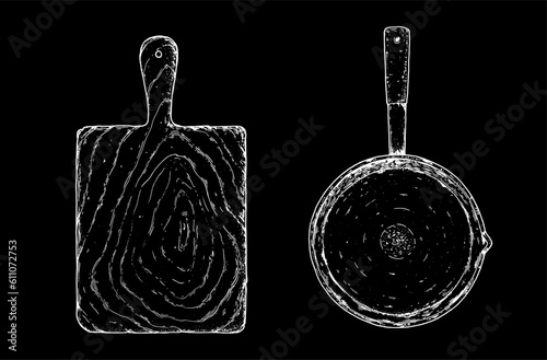 Cutting board and frying pan sketch. Hand drawn vector illustration. Top view
