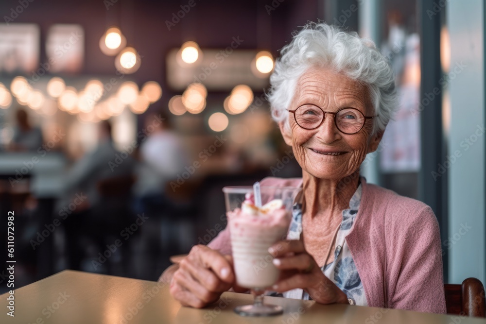 Medium shot portrait photography of a glad old woman eating ice cream against a peaceful yoga studio background. With generative AI technology Medium shot portrait photography of a glad old woman eating ice cream against a peaceful yoga studio background. With generative AI technology