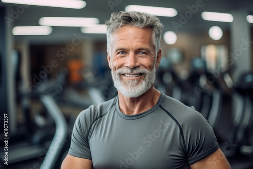 Headshot portrait photography of a satisfied mature man working out against a modern fitness center background. With generative AI technology