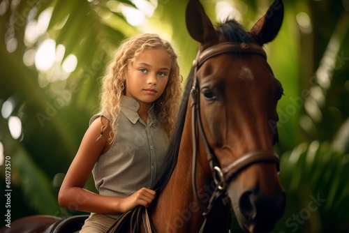 Headshot portrait photography of a satisfied kid female riding a horse against a lush tropical jungle background. With generative AI technology © Markus Schröder
