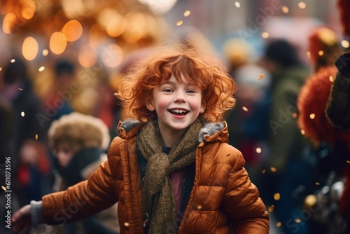 Medium shot portrait photography of a glad kid female dancing against a festive parade background. With generative AI technology