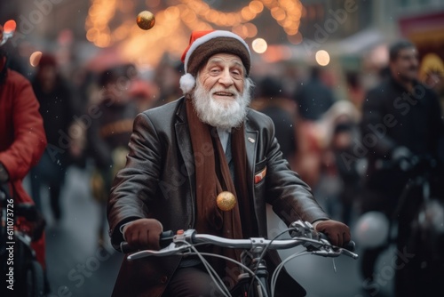Medium shot portrait photography of a tender old man riding a bike against a festive parade background. With generative AI technology