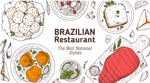 Brazilian food top view vector illustration. Food menu design template. Hand drawn sketch. Brazilian food menu. Traditional Brazilian cuisine. Pao de quejo, Galinhada, Escondidinho, Baiao de dois