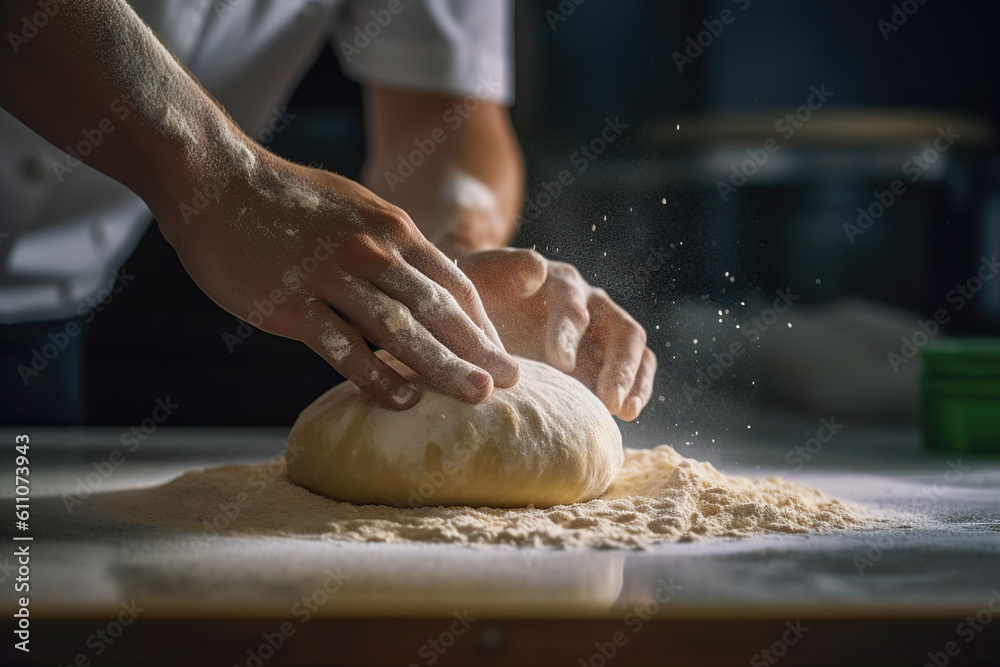 Chef kneading dough, Making dough by male hands at bakery