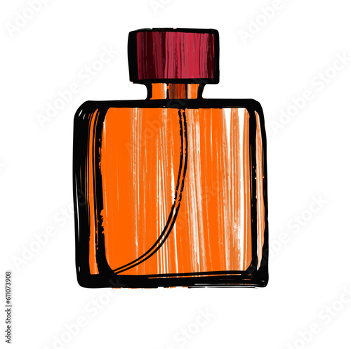Beautiful perfume bottle. Isolated vector design element on a white background. Fashion sketch. Orange bottle