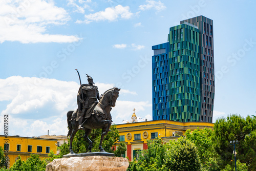 Skanderbeg Square in Tirana in Albania with monument of Gjergj Kastriot and Alban Tower in background