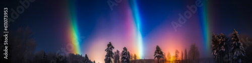 Captivating image of atmospheric light columns casting vibrant beams over serene, snowy landscape, evoking emotions and setting it apart for potential buyers. Generative AI