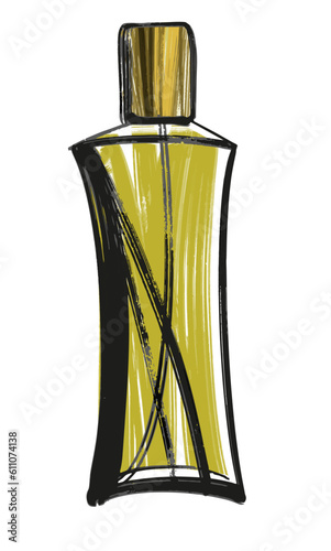 Beautiful perfume bottle. Isolated vector design element on a white background. Fashion sketch. Yellow bottle