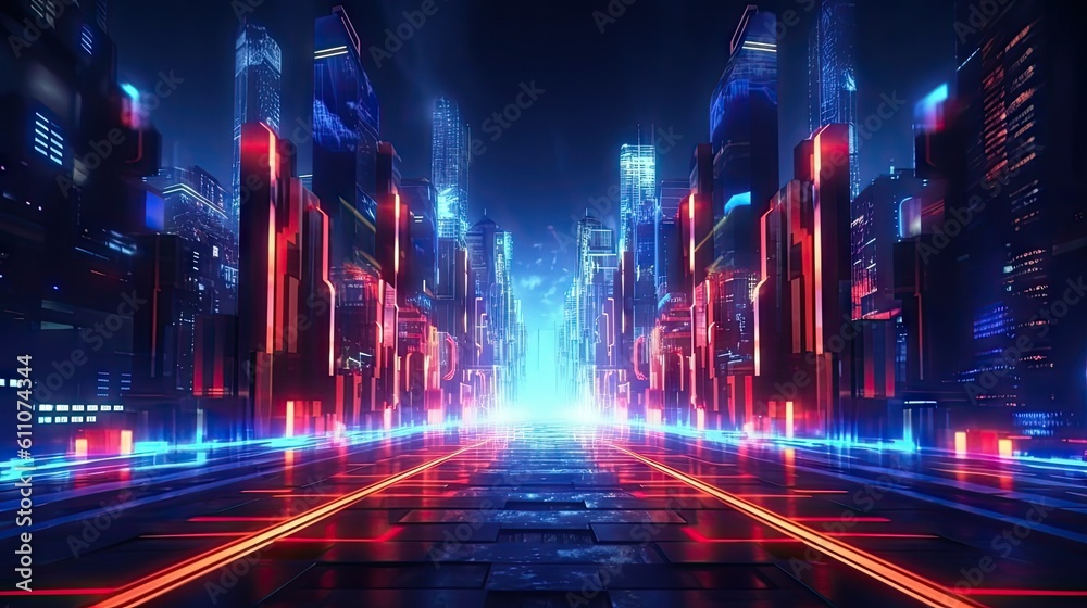 Abstract concept of the urban street at night, red blue neon city, background with geometric shapes and glowing lights Created with Generative Ai Technology