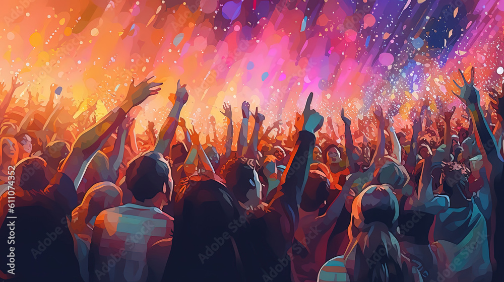 Crowd raising their hands at music concert. Audience enjoying rock, dance, edm and club festival party. Cartoon painting illustration, Generative AI