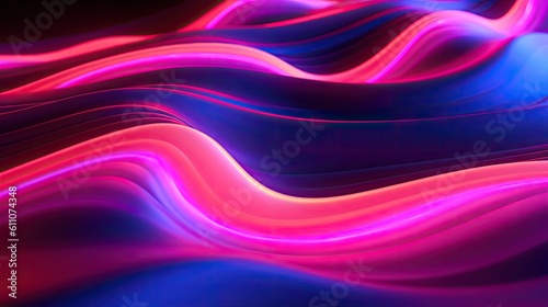 Abstract background with wavy line. Glowing pink blue red neon light in ultraviolet spectrum. Created with Generative Ai Technology