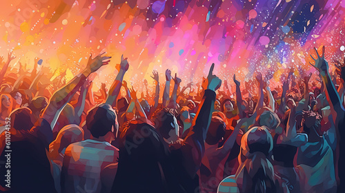 Crowd raising their hands at music concert. Audience enjoying rock, dance, edm and club festival party. Cartoon painting illustration, Generative AI