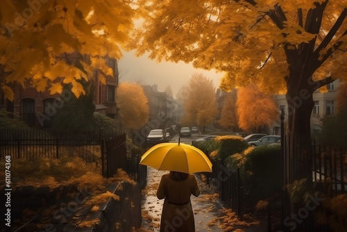 a girl with a yellow umbrella walks around the autumn city.