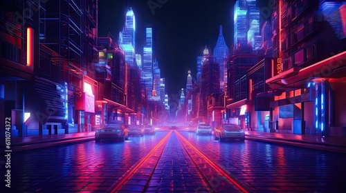 Abstract concept of the urban street at night  red blue neon city  background with geometric shapes and glowing lights Created with Generative Ai Technology