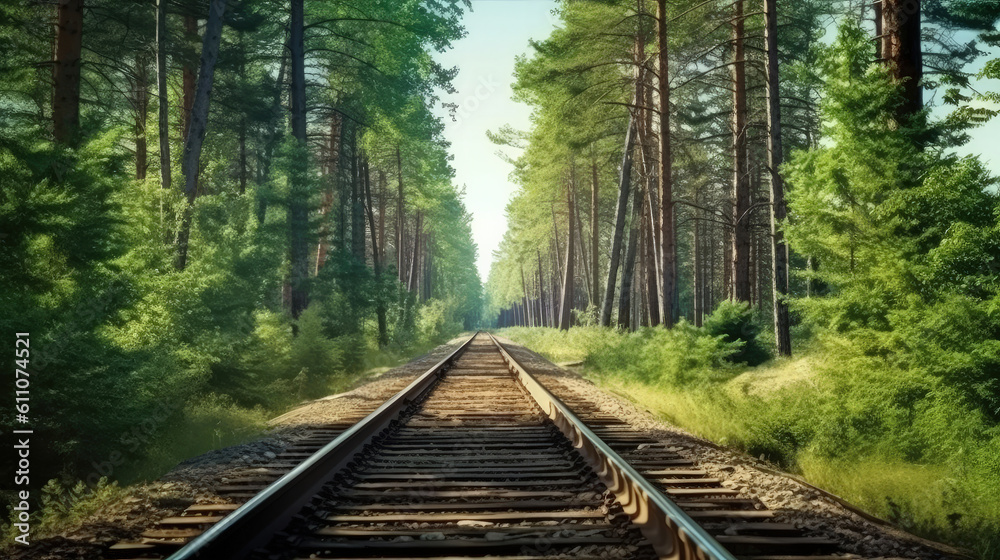 Forest trees along a railroad on an summer afternoon. Train tracks travel concept landscape background, Generative AI Forest trees along a railroad on an summer afternoon. Train tracks travel concept landscape background, Generative AI