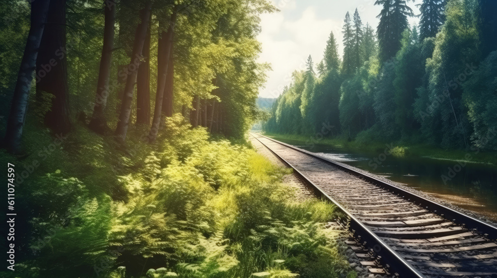 Obraz premium Forest trees along a railroad on an summer afternoon. Train tracks travel concept landscape background, Generative AI