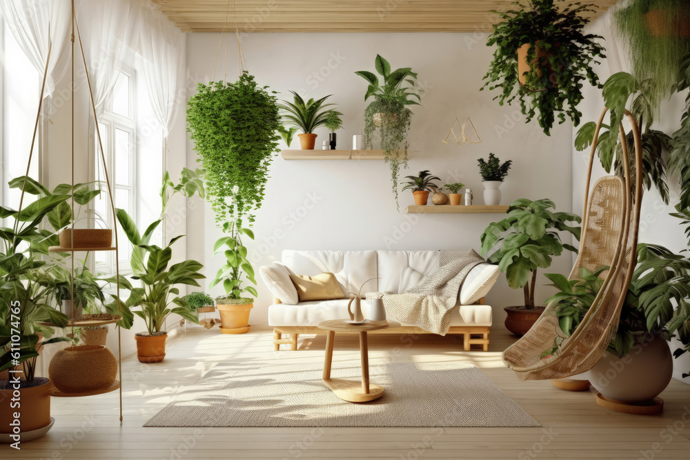 Fototapeta premium Interior living room in white room with wooden furniture and green plants, Generative AI