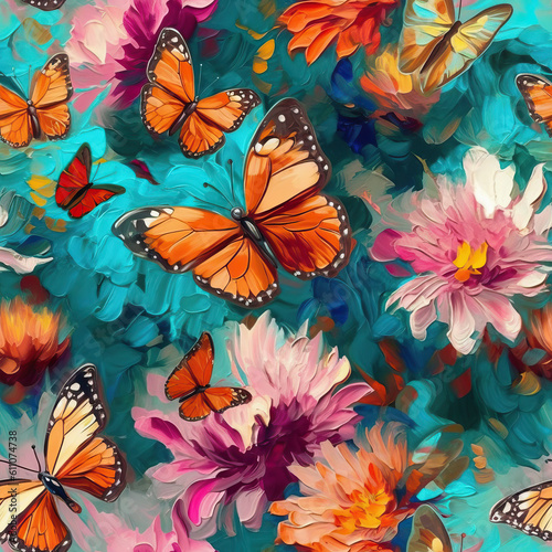 Butterflies and flowers seamless repeat pattern oil painting [Generative AI]  © Roman