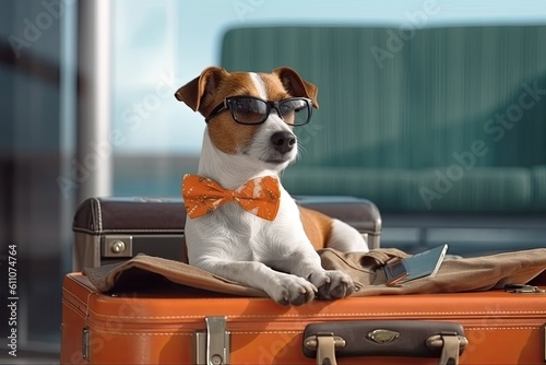 Jack Russel Terries in sunglasses lies on a suitcase on the airport - travel concept created using generative AI tools