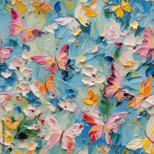 Butterflies and flowers seamless repeat pattern oil painting [Generative AI]
 photo