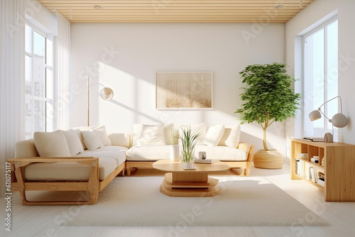 Interior living room in white room with wooden furniture, Generative AI © Sasint
