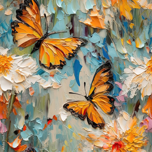 Butterflies and flowers seamless repeat pattern oil painting [Generative AI]
