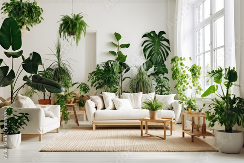 Interior living room in white room with wooden furniture and green plants, Generative AI © Sasint