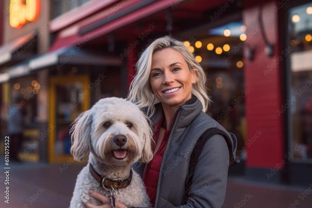 Headshot portrait photography of a glad mature girl walking with a dog against a lively sports bar background. With generative AI technology Headshot portrait photography of a glad mature girl walking with a dog against a lively sports bar background. With generative AI technology
