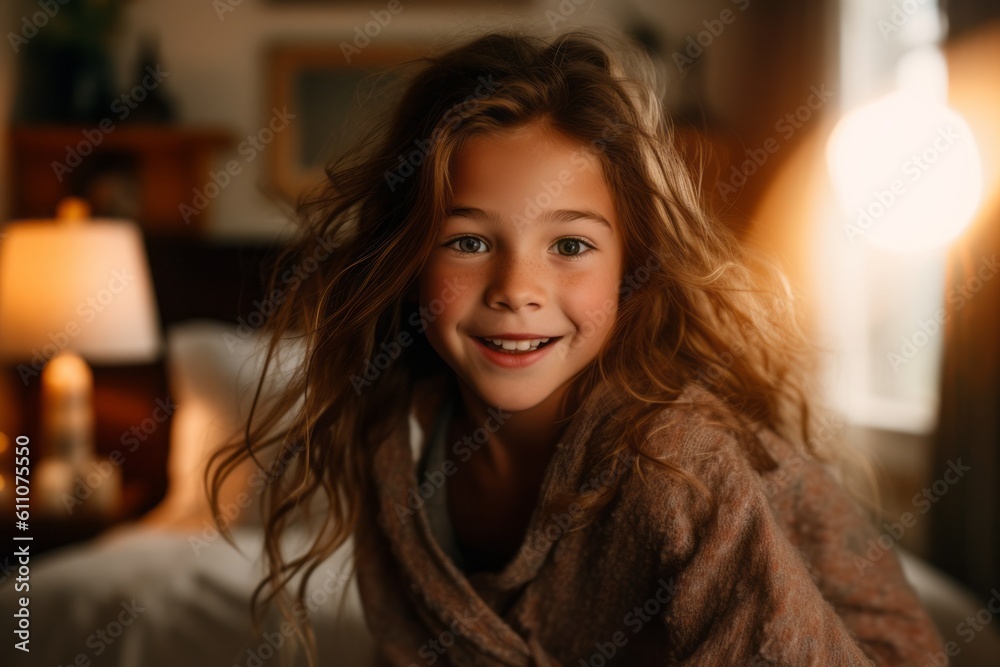 Close-up portrait photography of a satisfied kid female running against a cozy bed and breakfast background. With generative AI technology Close-up portrait photography of a satisfied kid female running against a cozy bed and breakfast background. With generative AI technology