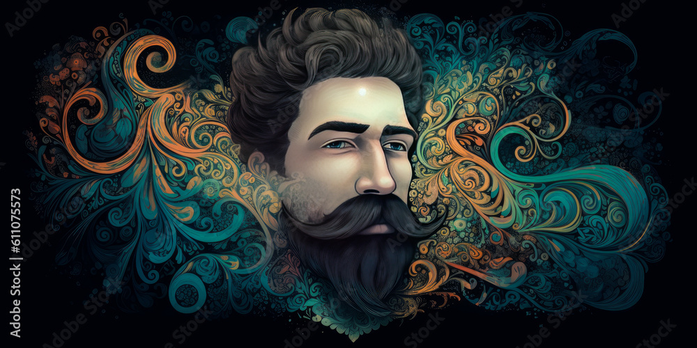 Captivating digital depiction of a radiant moustache, showcasing intricate swirling patterns of hair and light, evoking style and unique personality through facial hair. Generative AI
