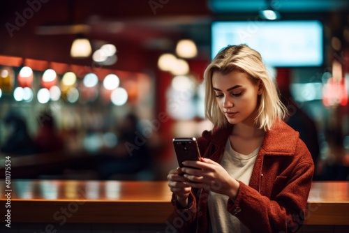 Medium shot portrait photography of a tender mature girl using the mobile against a lively sports bar background. With generative AI technology