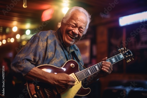 Medium shot portrait photography of a satisfied old man playing the guitar against a lively sports bar background. With generative AI technology