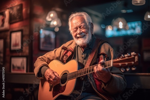Medium shot portrait photography of a satisfied old man playing the guitar against a lively sports bar background. With generative AI technology