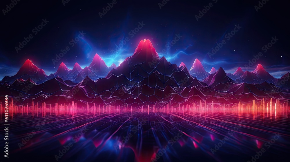 Abstract geometric background, virtual reality environment, cyber space landscape with mountains. Mesh surface glowing with neon light. Created with Generative Ai Technology