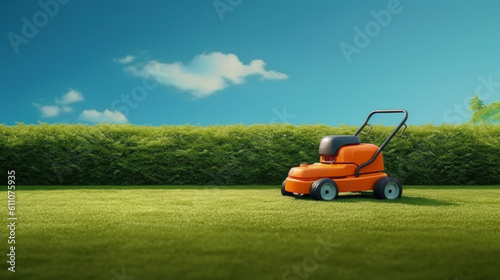 Orange lawn mower with green grass and sky. Summer lawn backyard background, Generative AI