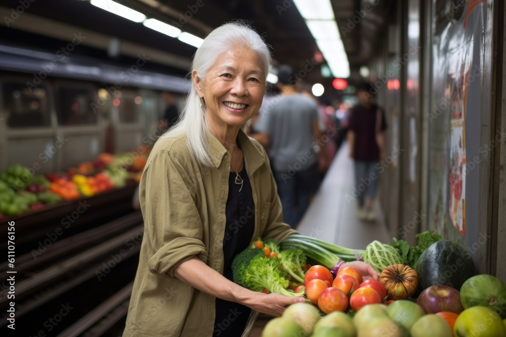 Medium shot portrait photography of a satisfied mature woman harvesting fruits or vegetables against a bustling subway station background. With generative AI technology