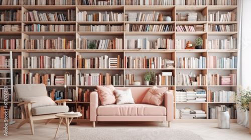 Scandinavian bookcase with armchair in modern cozy interior of room. Home library with book shelf, Generative AI © Sasint
