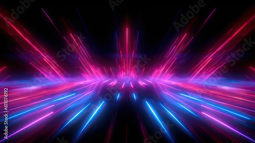 Abstract minimal neon background, pink blue neon lines going up, glowing in ultraviolet spectrum. Cyber space. Laser show. Futuristic wallpaper. Created with Generative Ai Technology