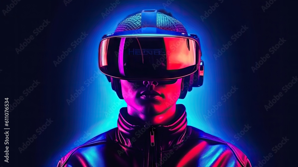 Visualization of a man wearing virtual reality glasses, electronic head device. User interface. Player one ready for the game in cyber space. Created with Generative Ai Technology