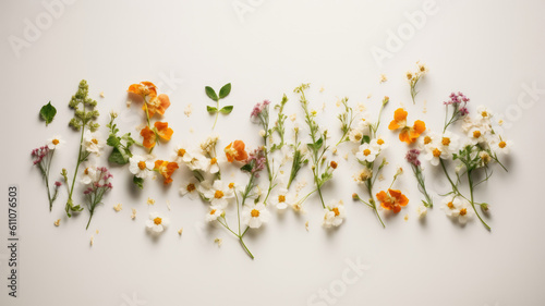 Flat lay of white and organge Spring blossoms on neutral white background