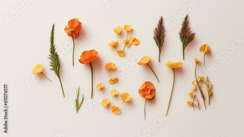 Flat lay of yellow and orange Spring flowers on neutral white background