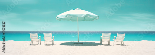 White beach umbrella and chairs  Travel concept
