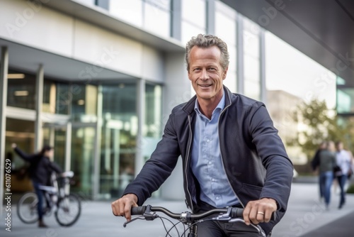Headshot portrait photography of a glad mature man riding a bike against a modern office building background. With generative AI technology