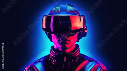 Visualization of a man wearing virtual reality glasses, electronic head device. User interface. Player one ready for the game in cyber space. Created with Generative Ai Technology © pham