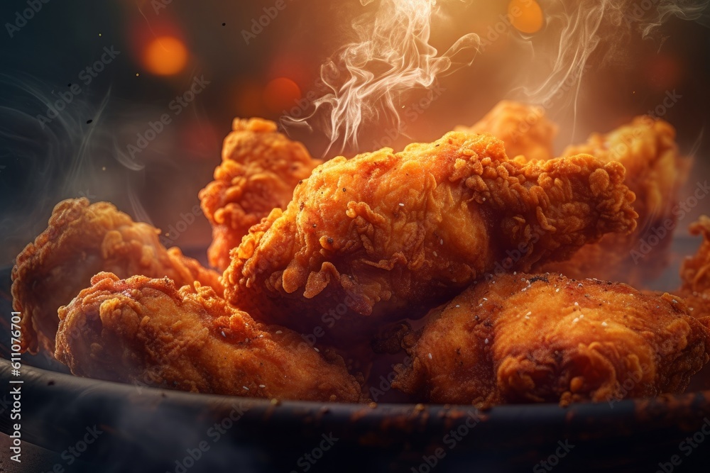 Fried chicken in a frying pan with smoke on a dark background ...