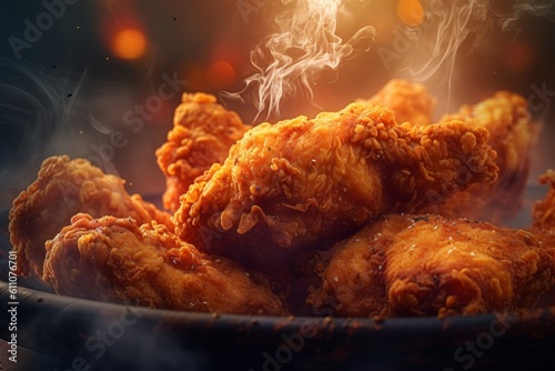 Fried chicken in a frying pan with smoke on a dark background, generative Ai